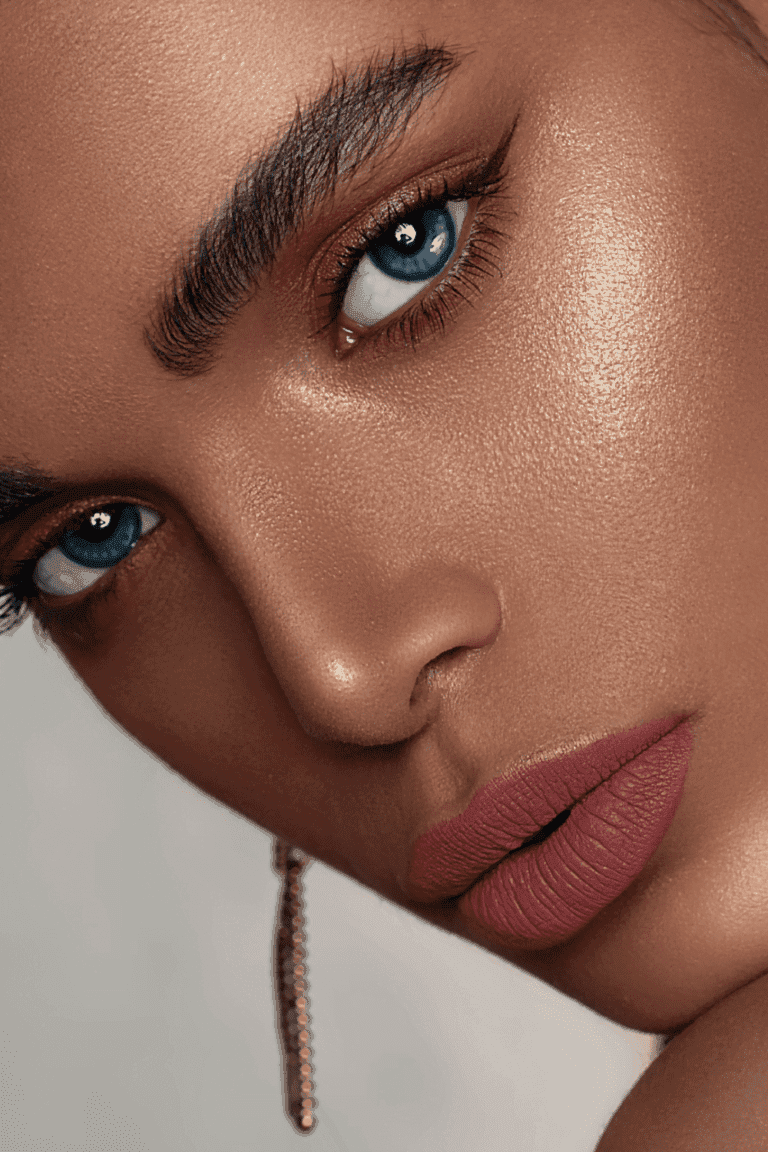 Mujer aplicando iluminador en el rostro, resaltando un look luminoso y natural con piel radiante.