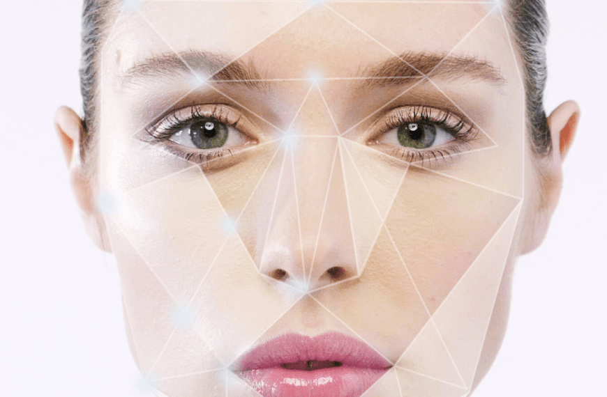 La IA en belleza.Análisis facial mediante inteligencia artificial en la belleza, con patrones geométricos para detección de características y personalización de productos