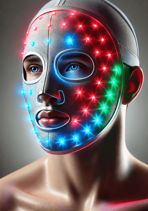 Persona con máscaras LED para cuidado facial, luces activas en rojo, azul y verde, ideal para rejuvenecimiento y tratamiento de la piel.