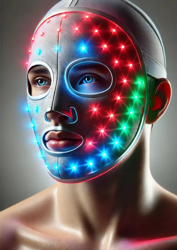 Persona con máscaras LED para cuidado facial, luces activas en rojo, azul y verde, ideal para rejuvenecimiento y tratamiento de la piel.