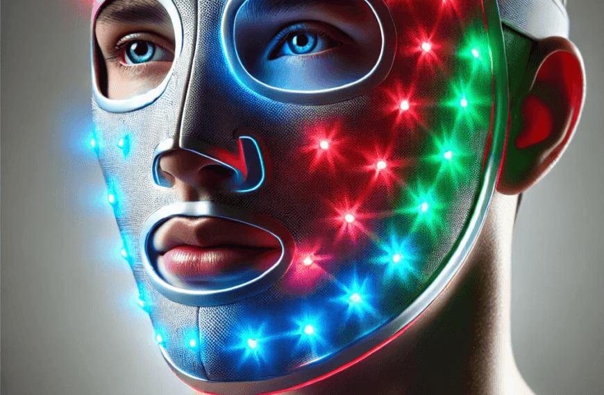 Persona con máscaras LED para cuidado facial, luces activas en rojo, azul y verde, ideal para rejuvenecimiento y tratamiento de la piel.
