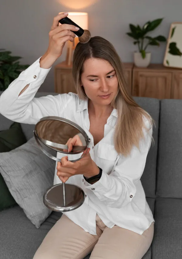 Mujer aplicándose spray para cubrir canas sin tinte con un espejo en mano