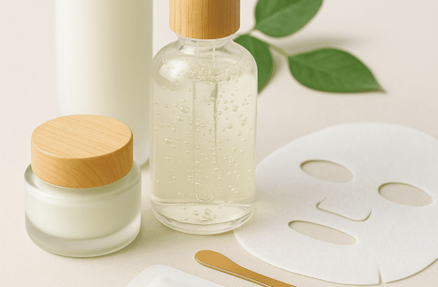 Rutina facial coreana. Productos coreanos de skincare con diseño minimalista y etiquetas en coreano.