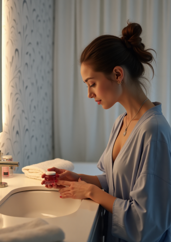 Mujer realizando su rutina facial nocturna con crema hidratante frente al lavabo
