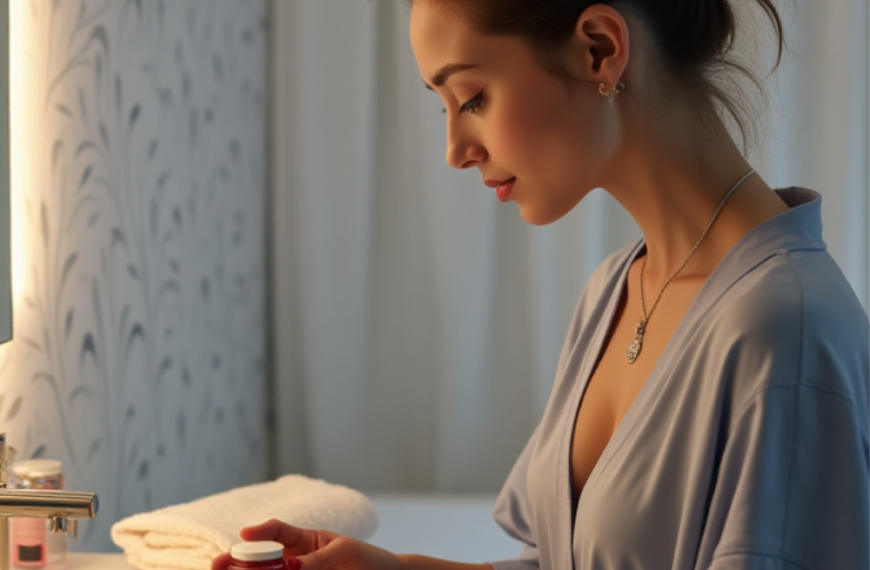 Mujer realizando su rutina facial nocturna con crema hidratante frente al lavabo