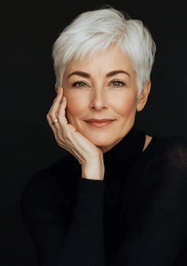 Corte de pelo rejuvenecedor. Mujer madura con corte de pelo corto y canas que rejuvenece el rostro